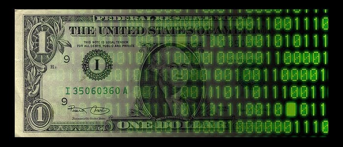 A digitized image of a one dollar bill with a series of ones and zeros superimposed across the bill.