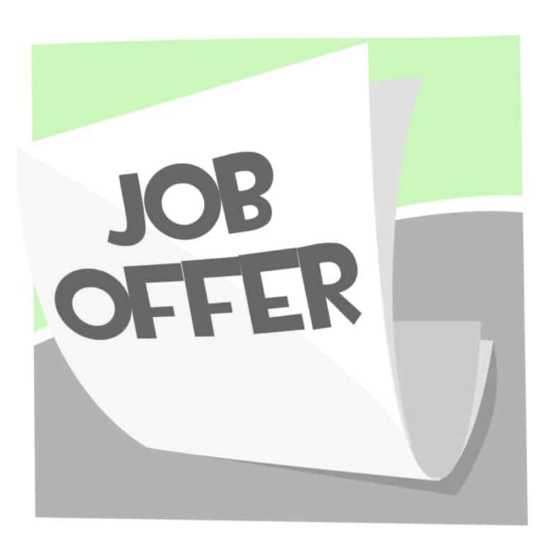 A cartoon-like drawing of a piece of paper that had the words "Job offer" written on it.