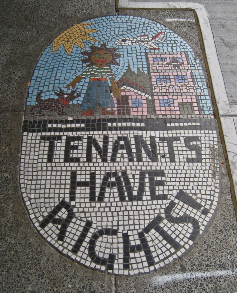 A mosaic that reads, "Tenants have rights!"