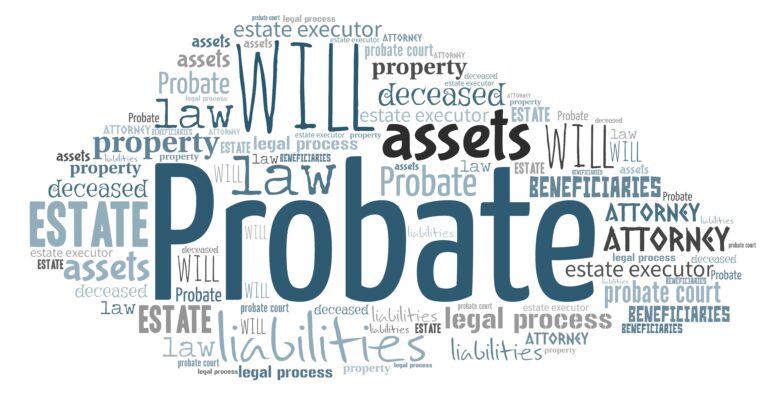 A graphic with the word "Probate" written large and other legal-related terms written in small and medium size fonts.