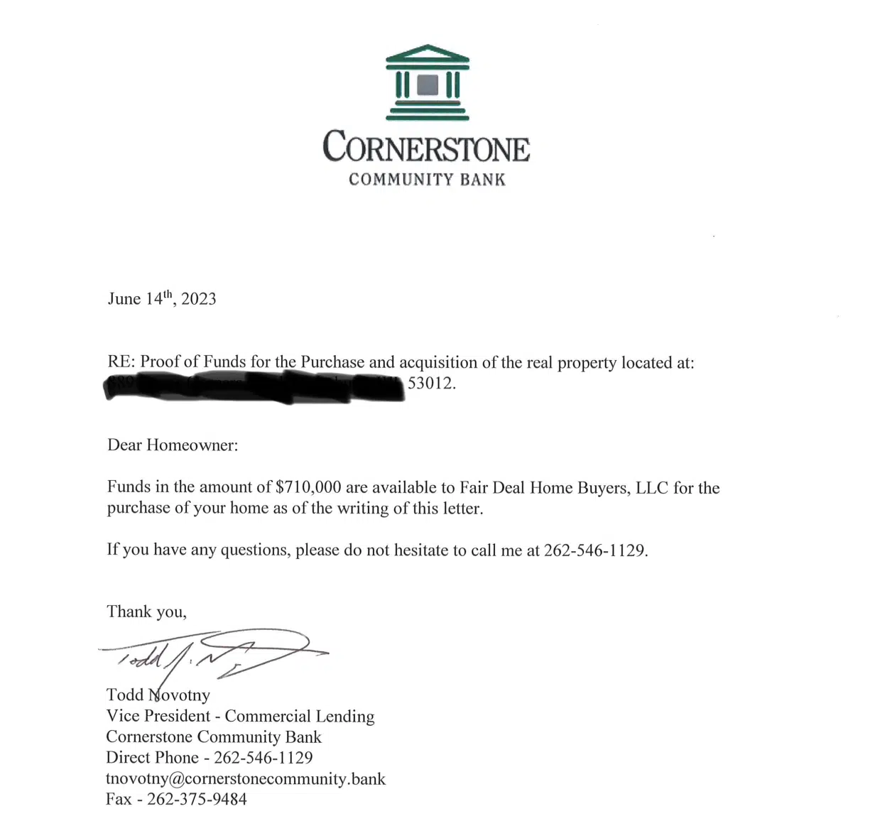 Proof of funds from the bank to purchase a property
