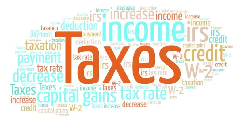 A collage of words with the word "Taxes" in orange being most prominent. Other words are related to finances and displayed in different colors.