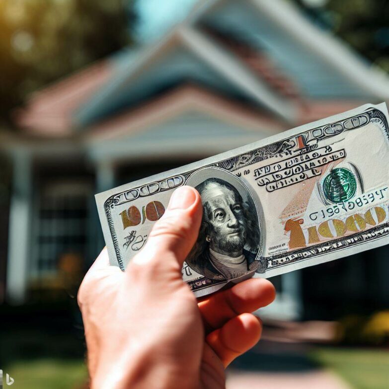 An AI-generated image of a hand holding a $100 bill with a house in the background.