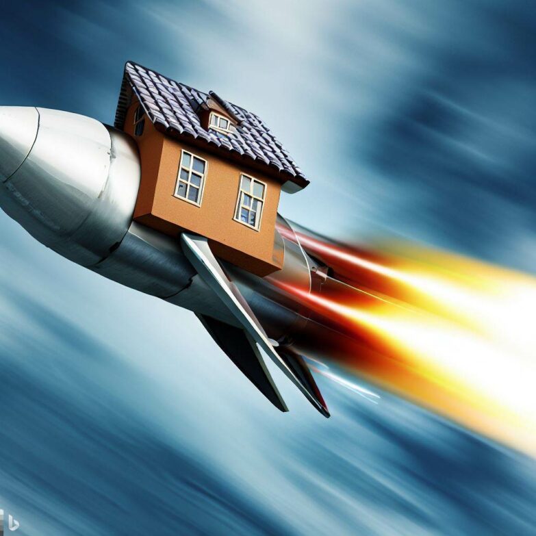 An AI-generated image of a speeding rocket with a house riding on it.