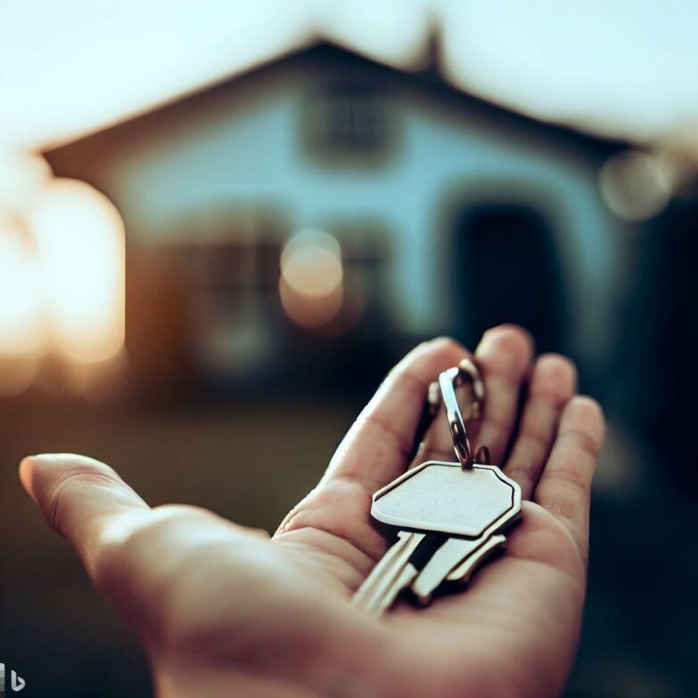 An AI-generated image of a hand holding a housekey in the foreground with a blurred house in the background.