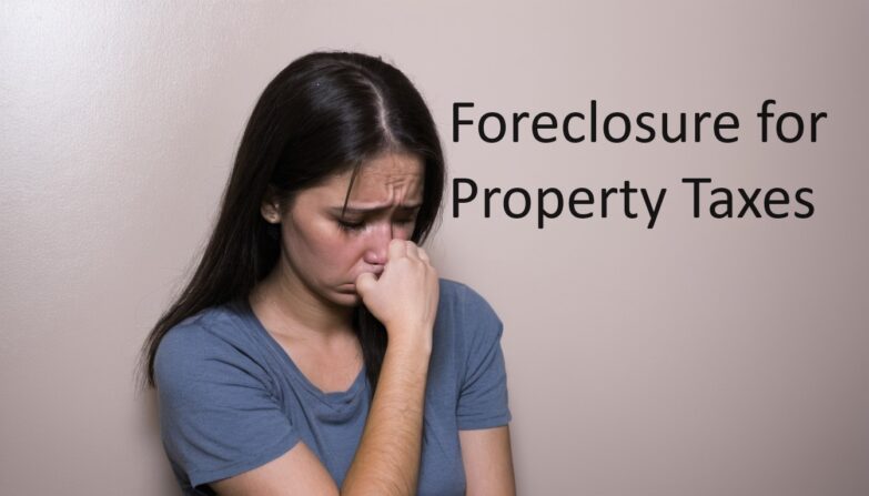 An AI-generated image of a depressed-looking young woman with long dark brown hair next to the words "Foreclosure for Property Taxes".