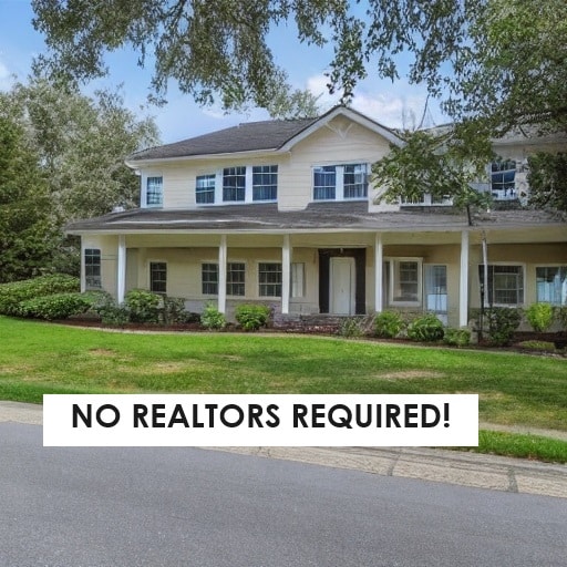 An AI-generated image of a house with the words "No realtors required" written below.