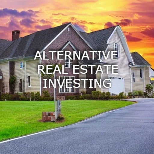 An AI-generated image of a house at sunset with the words "Alternative Real Estate Investing" written in all caps.