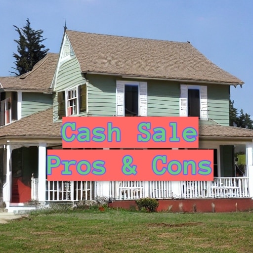 An AI-generated image of a two-story house with the words "Cash Sale Pros & Cons" in light green text inside an orangish background.