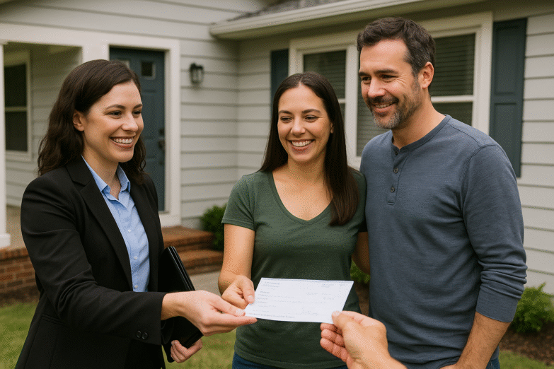 An image of a female cash buyer and a couple in front of a house getting handed a check.