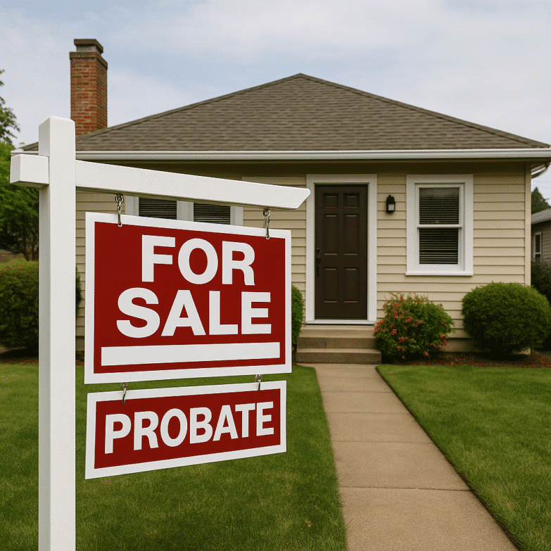 An AI-generated image of a house in the background and in the foreground a sign that reads, "For Sale: Probate."