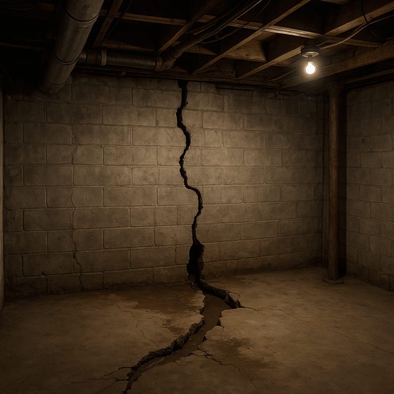 An AI-generated image of a basement in a house with a huge crack running down the wall and across the floor.