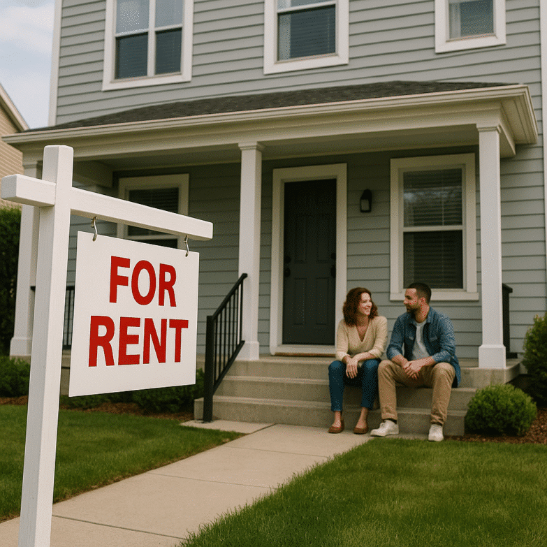 An AI-generated image of a man and woman sitting next to each other on stairs in front of a house with a "For Rent" sign in the foreground.