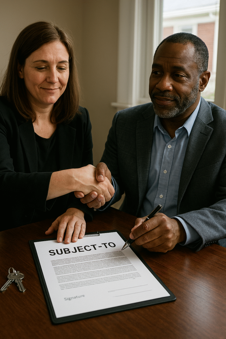 An AI-generated image of a man and a woman sitting at a table and going over a subject-to real estate agreement