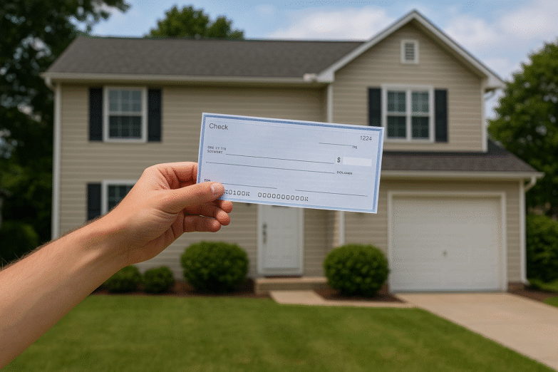 An AI-generated image of an extended arm holding a check in front of a house.