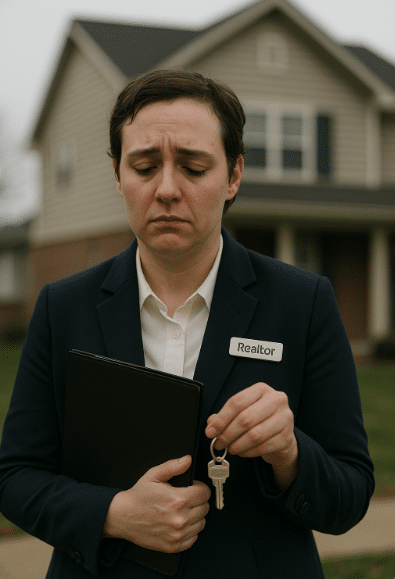 An AI-generated image of a forlorn-looking realtor holding a key in front of a house.